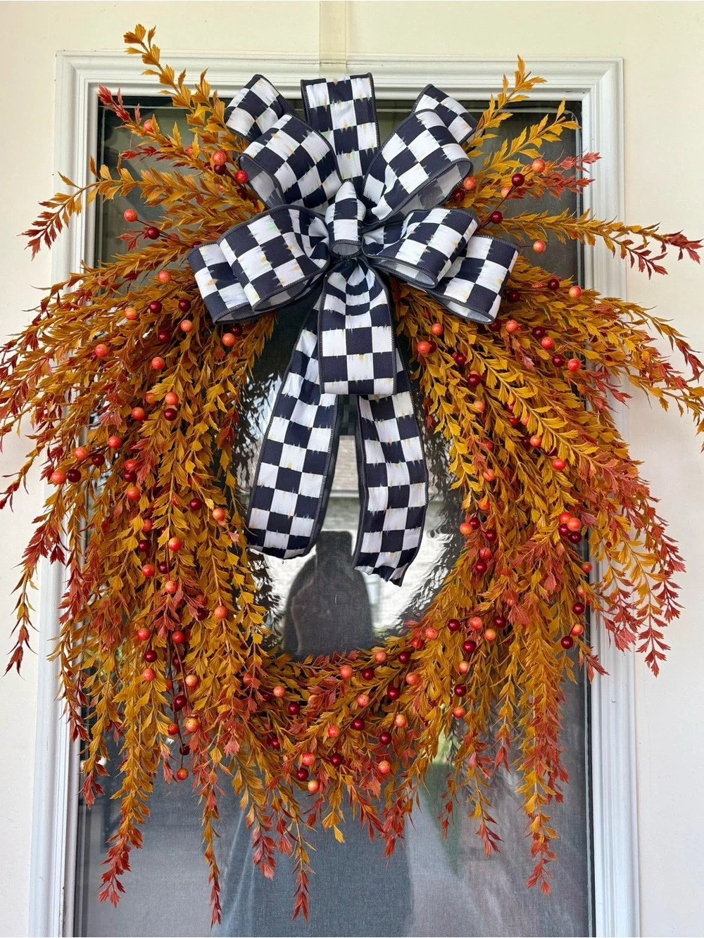 Autumn Harvest Fall Wreath with Black & White Check Bow